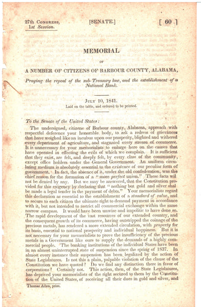 1841 Memorial of Citizens of Barbour County, Alabama