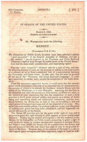 1845 Claim of Tennessee and Coosa Railroad for Right of Way