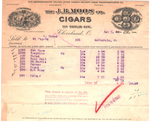 1909 J. B. Moos Co. Cigars, Cleveland, Ohio letterhead