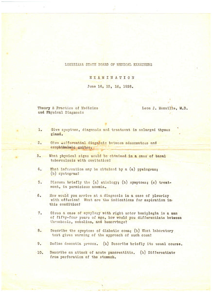 1928 Examination - Louisiana State Board of Medical Examiners