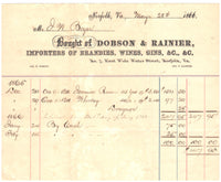 1866  Norfolk, Virginia Letterhead - Dobson & Ranier Importers of Brandies, Wines, Gins etc.