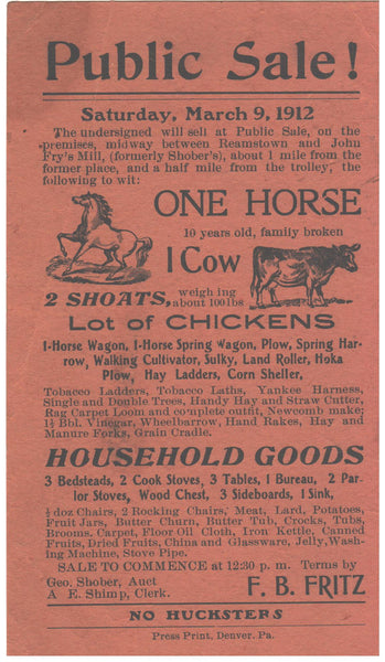 Public Sale flyer , Denver, Pa. 1912
